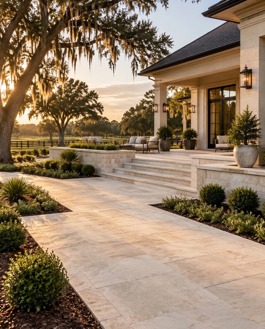 Stone walkway and hardscape details at a Florida estate entrance
