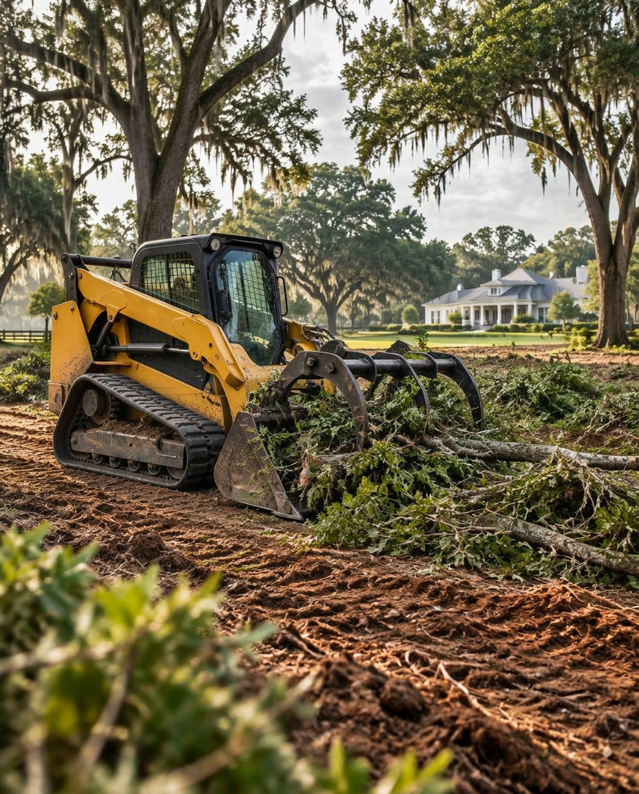 Land-clearing equipment reclaiming an overgrown estate property