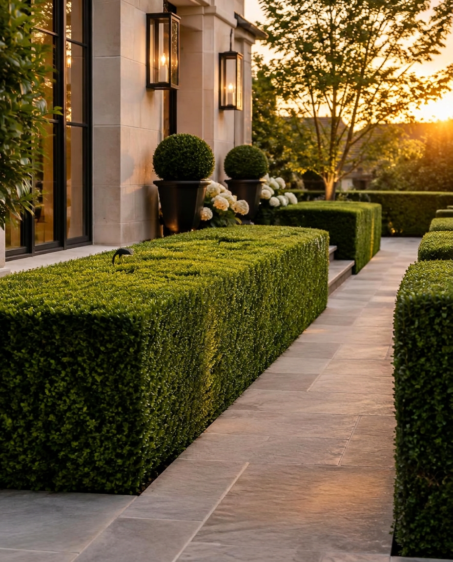 Precisely maintained hedges along an estate walkway
